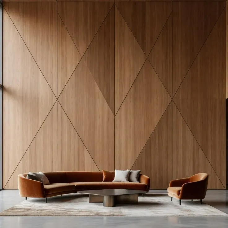 Mur habillé de panneaux décor bois en motif géométrique