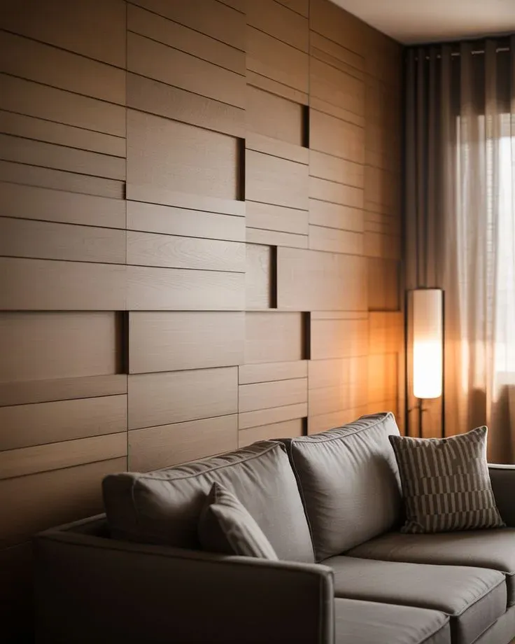 Salon avec mur habillé de panneaux bois