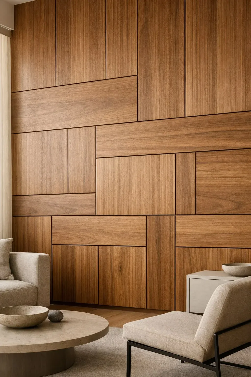 Salon contemporain habillé de panneaux bois