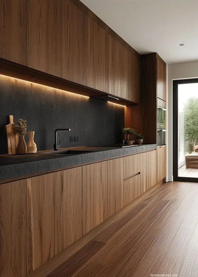 Cuisine équipée moderne en bois avec éclairage LED intégré